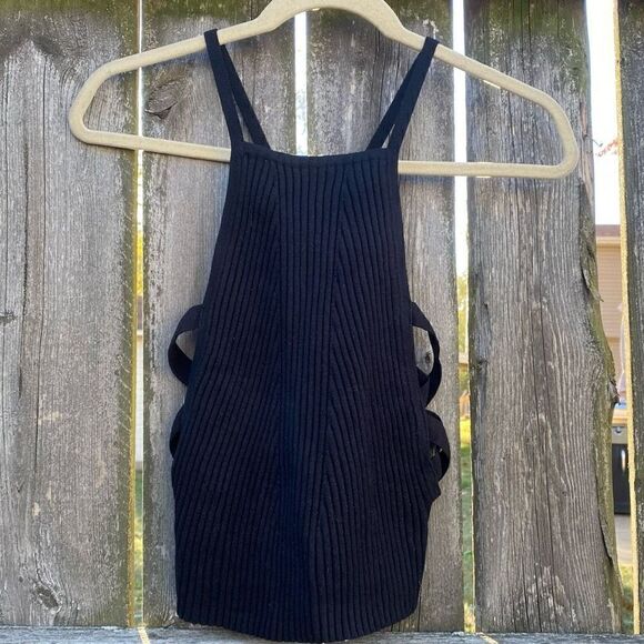 Brooklyn Karma Black Ribbed Cut Out Crop Sweater Top | L - Picture 1 of 5